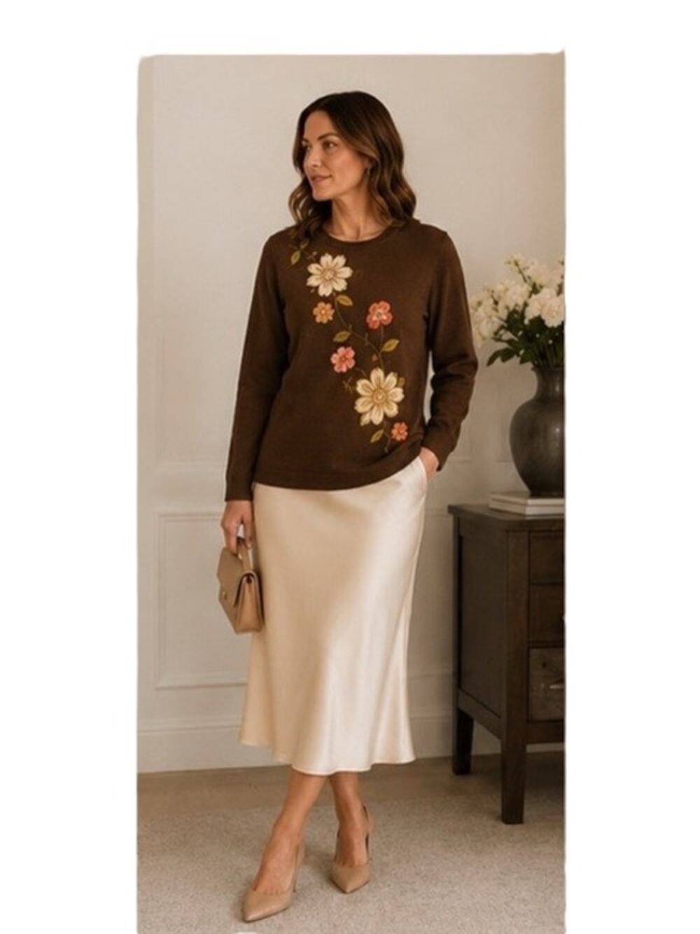 Alfred Dunner Sweater XL Brown Floral Applique Shoulder Pads Embroidered Vintage
